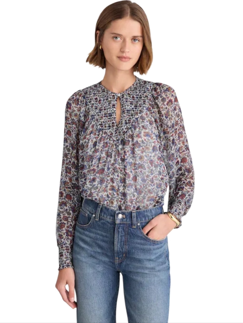 Madewell Multi-Color Floral Smocked Keyhole Blouse Size L